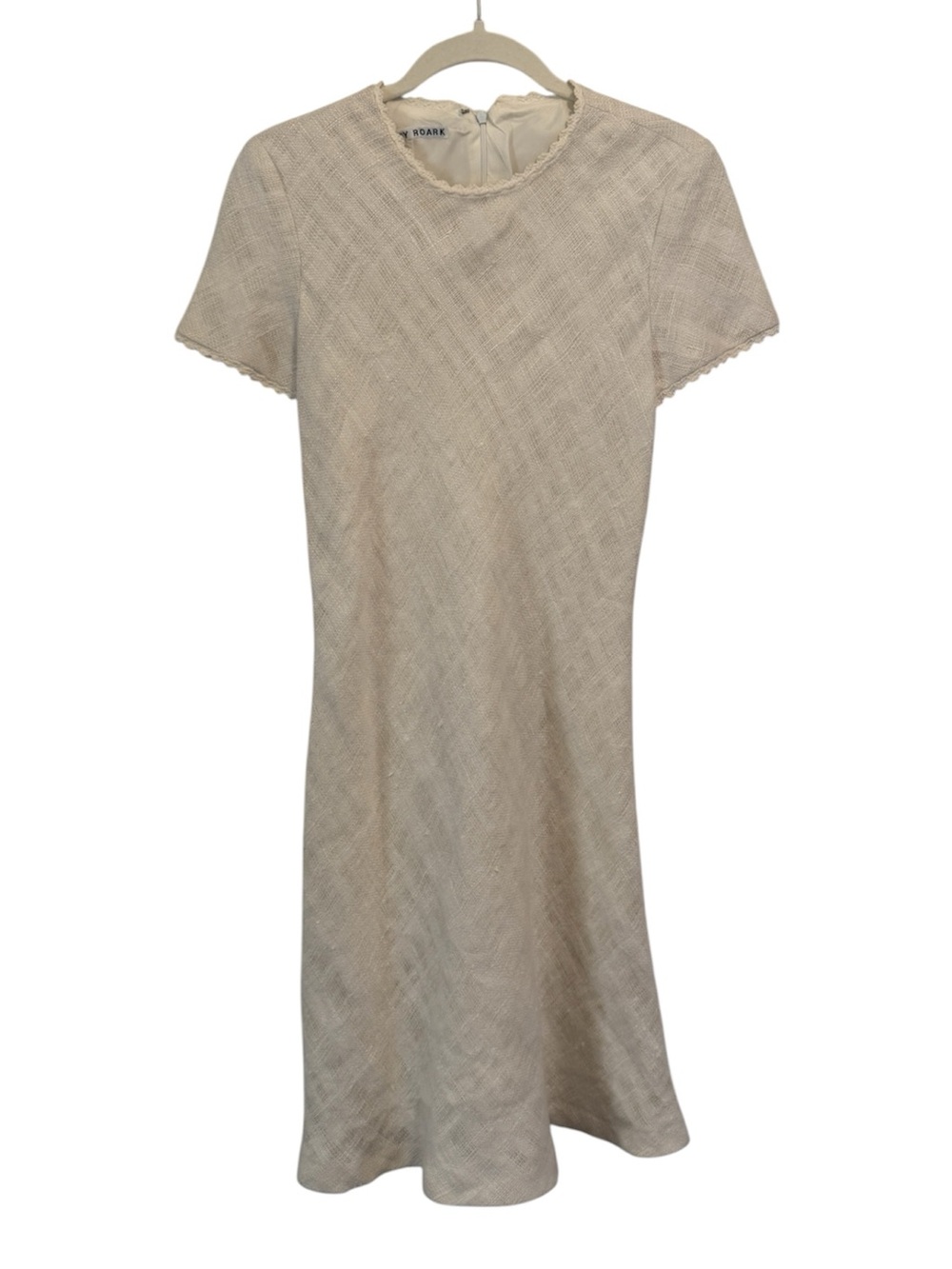 Vintage 90s Geary Roark Check White Cream Linen Short Sleeve Midi Dress 6 USA